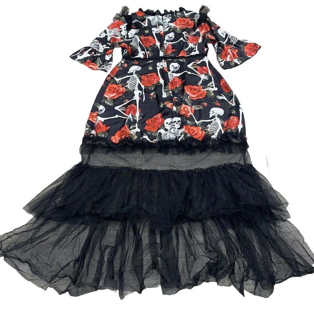 Black and Red Skeleton Rose Midi Dress
